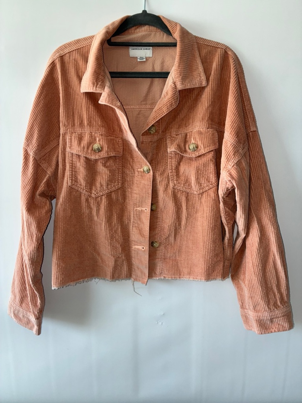 American Eagle Mauve Peach Corduroy Cropped Shacket Jacket, Dropped Shoulder